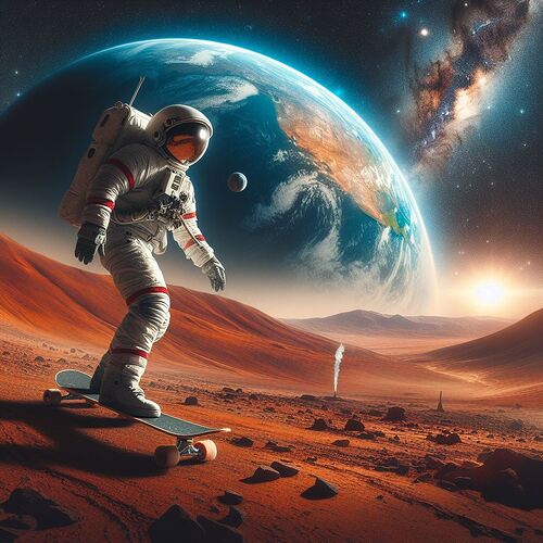 Une photographie composite mettant en scène un astronaute en train de faire du skateboard sur la surface de Mars, avec la Terre en arrière-plan2