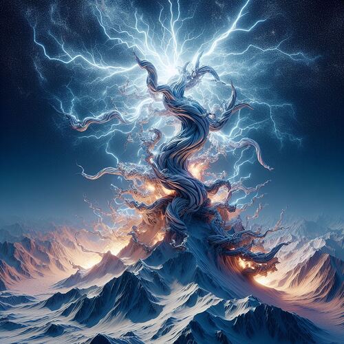 Une sculpture abstraite capturant l'énergie chaotique d'une tempête électrique au sommet d'une montagne enneigée2