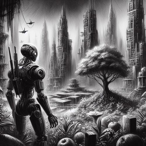 Un dessin au fusain illustrant un robot futuriste découvrant un jardin luxuriant au milieu d'une ville post-apocalyptique4