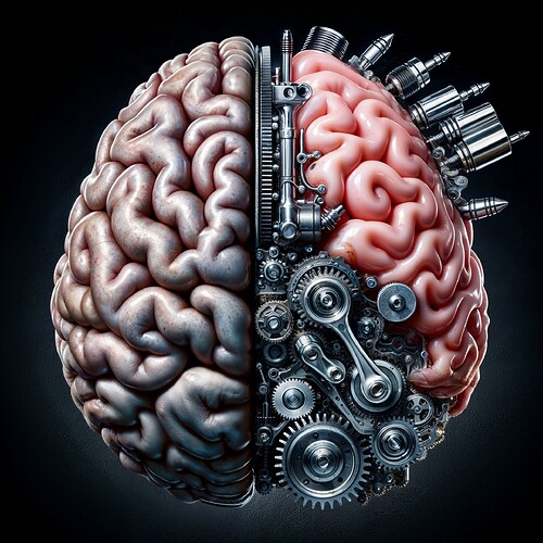 un cerveau où ses composants organiques sont parfaitement intégrés aux éléments mécaniques d’un moteur. Imaginez un cerveau très détaillé