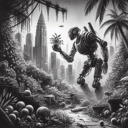 Un dessin au fusain illustrant un robot futuriste découvrant un jardin luxuriant au milieu d'une ville post-apocalyptique1