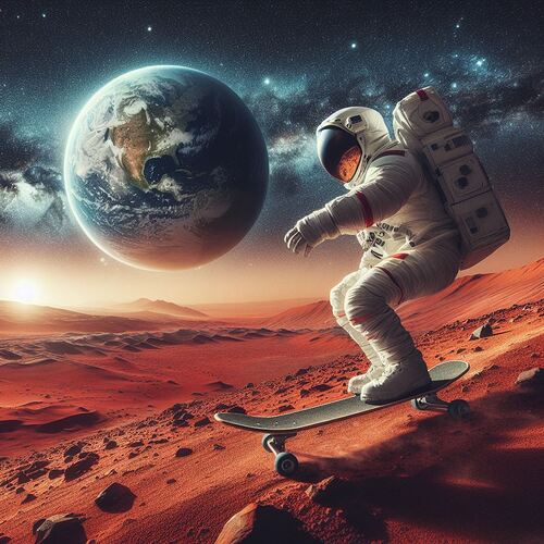 Une photographie composite mettant en scène un astronaute en train de faire du skateboard sur la surface de Mars, avec la Terre en arrière-plan3