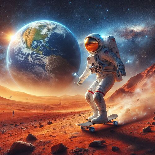 Une photographie composite mettant en scène un astronaute en train de faire du skateboard sur la surface de Mars, avec la Terre en arrière-plan1