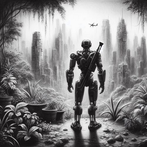 Un dessin au fusain illustrant un robot futuriste découvrant un jardin luxuriant au milieu d'une ville post-apocalyptique3