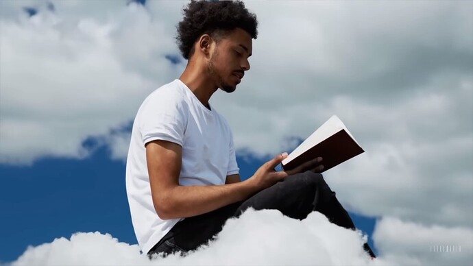 Sora OpenAI's Model : Un jeune homme d'une vingtaine d'années est assis sur un morceau de nuage dans le ciel et lit un livre.