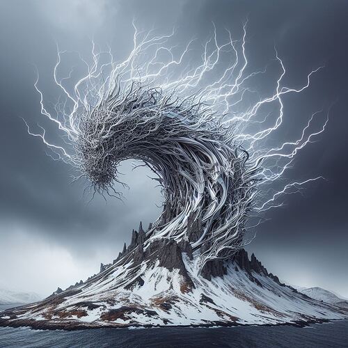 Une sculpture abstraite capturant l'énergie chaotique d'une tempête électrique au sommet d'une montagne enneigée